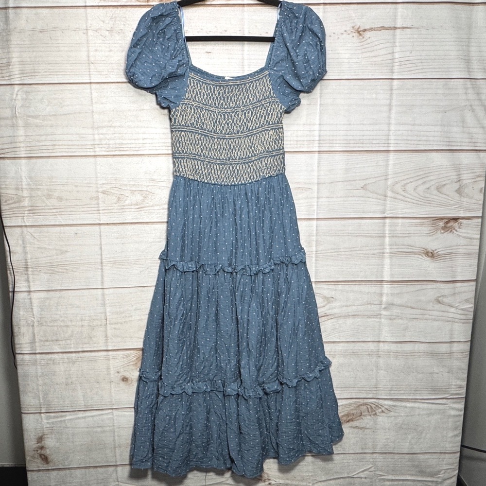Moon River Blue Swiss Dot Smocked Tiered Midi Dress Puff Sleeve XS